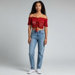 Charlotte Russe Solid Red Orange Rust Crochet Strapless Lace up Front Crop Top M